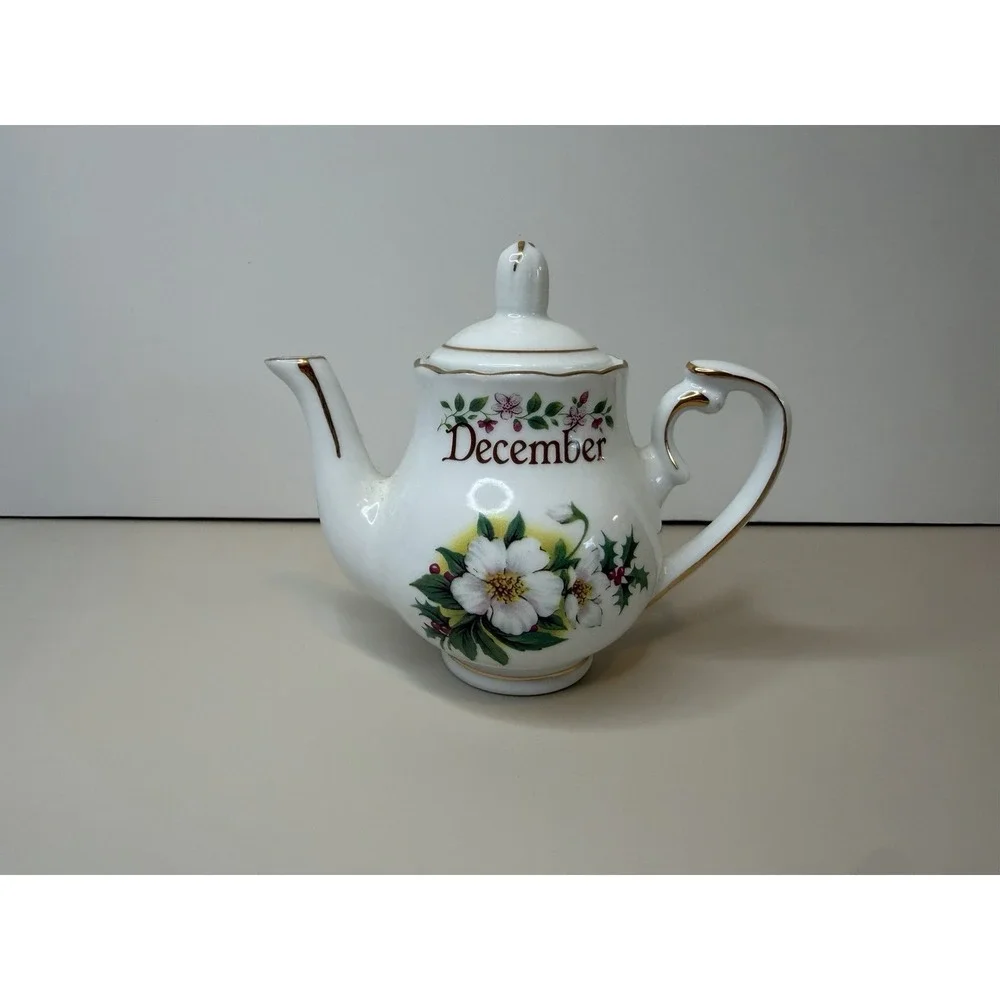 Teapot White  Floral December Mini Birthday Golden Crown E& R Germany  3 1/2
